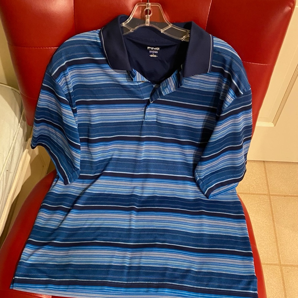 Ping blue striped golf shirt